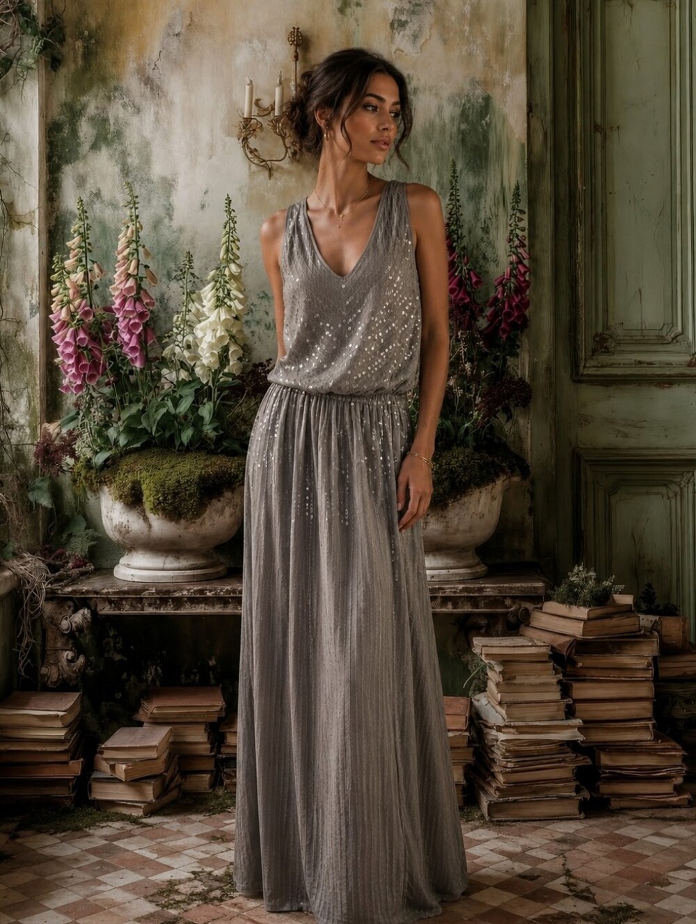 Garnet Hill Silver Sequin Maxi Dress